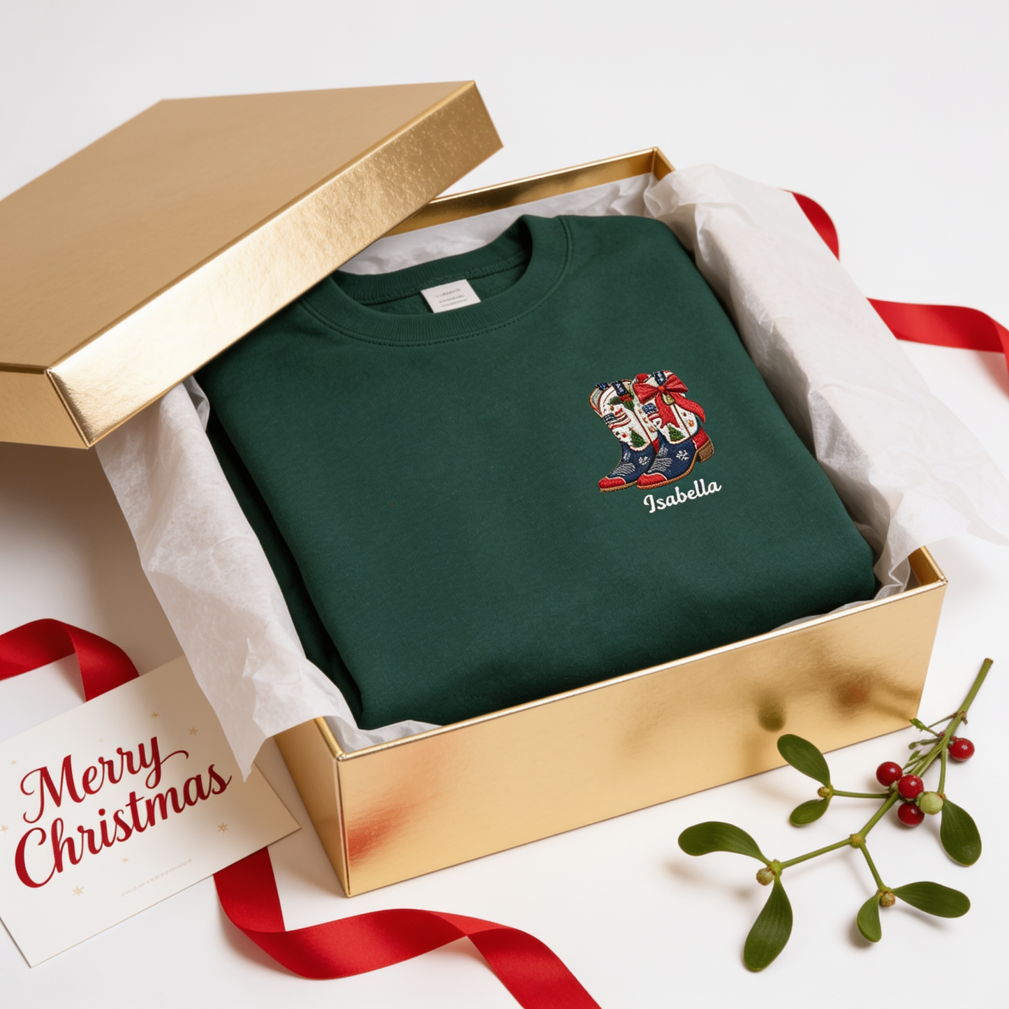 Personalized Patriotic Christmas Cowboy Boots Embroidered Sweatshirt | Custom Name Holiday Crewneck Gift