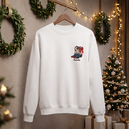 Personalized Patriotic Christmas Cowboy Boots Embroidered Sweatshirt | Custom Name Holiday Crewneck Gift