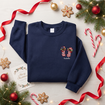 Personalized Patriotic Christmas Flip Flops Embroidered Sweatshirt | Custom Name Holiday Crewneck Gift