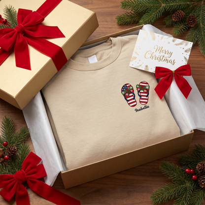 Personalized Patriotic Christmas Flip Flops Embroidered Sweatshirt | Custom Name Holiday Crewneck Gift