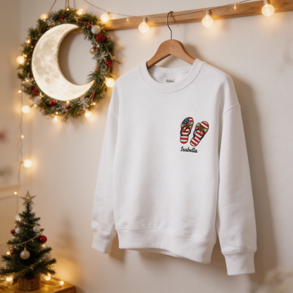 Personalized Patriotic Christmas Flip Flops Embroidered Sweatshirt | Custom Name Holiday Crewneck Gift