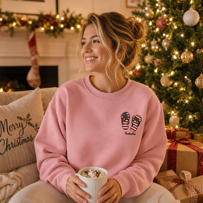Personalized Patriotic Christmas Flip Flops Embroidered Sweatshirt | Custom Name Holiday Crewneck Gift