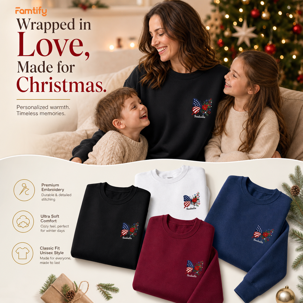 Personalized Patriotic Butterfly Embroidered Sweatshirt | Custom Name Christmas Holiday Crewneck Gift