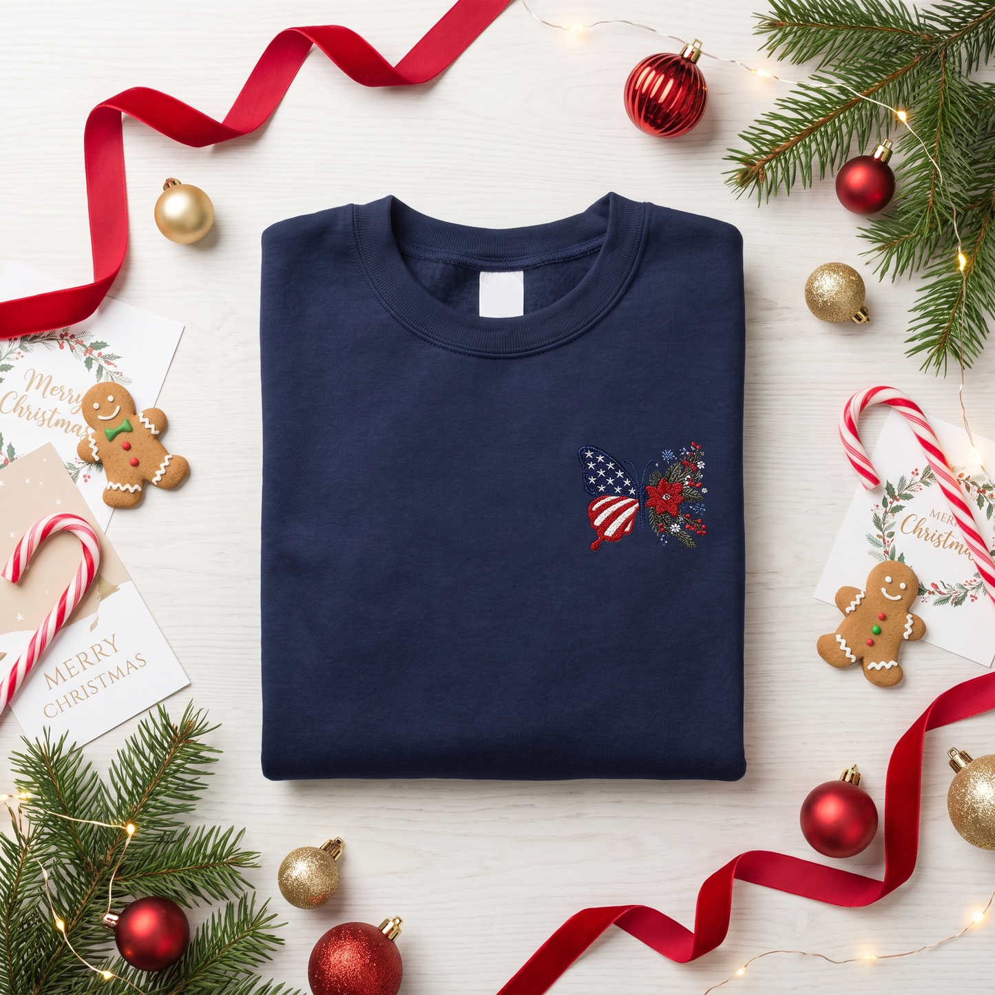 Personalized Patriotic Butterfly Embroidered Sweatshirt | Custom Name Christmas Holiday Crewneck Gift