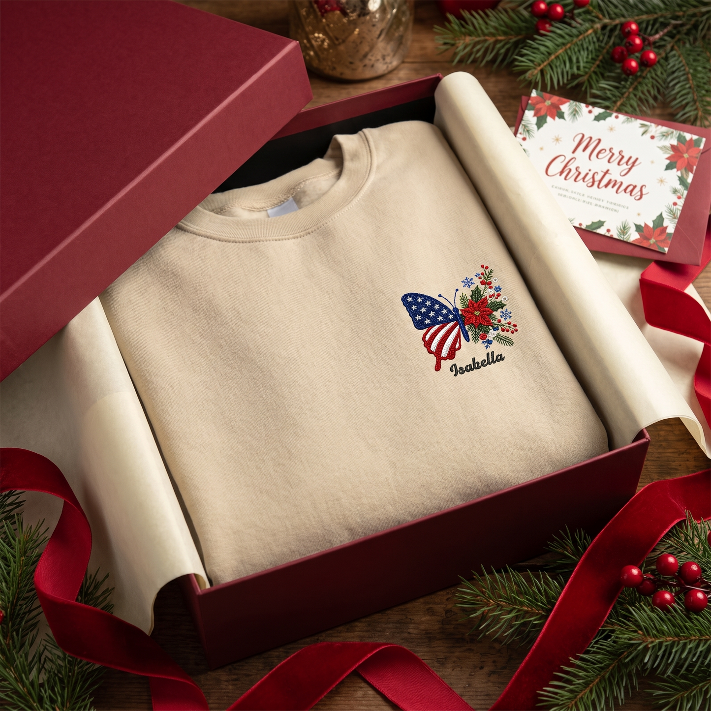 Personalized Patriotic Butterfly Embroidered Sweatshirt | Custom Name Christmas Holiday Crewneck Gift
