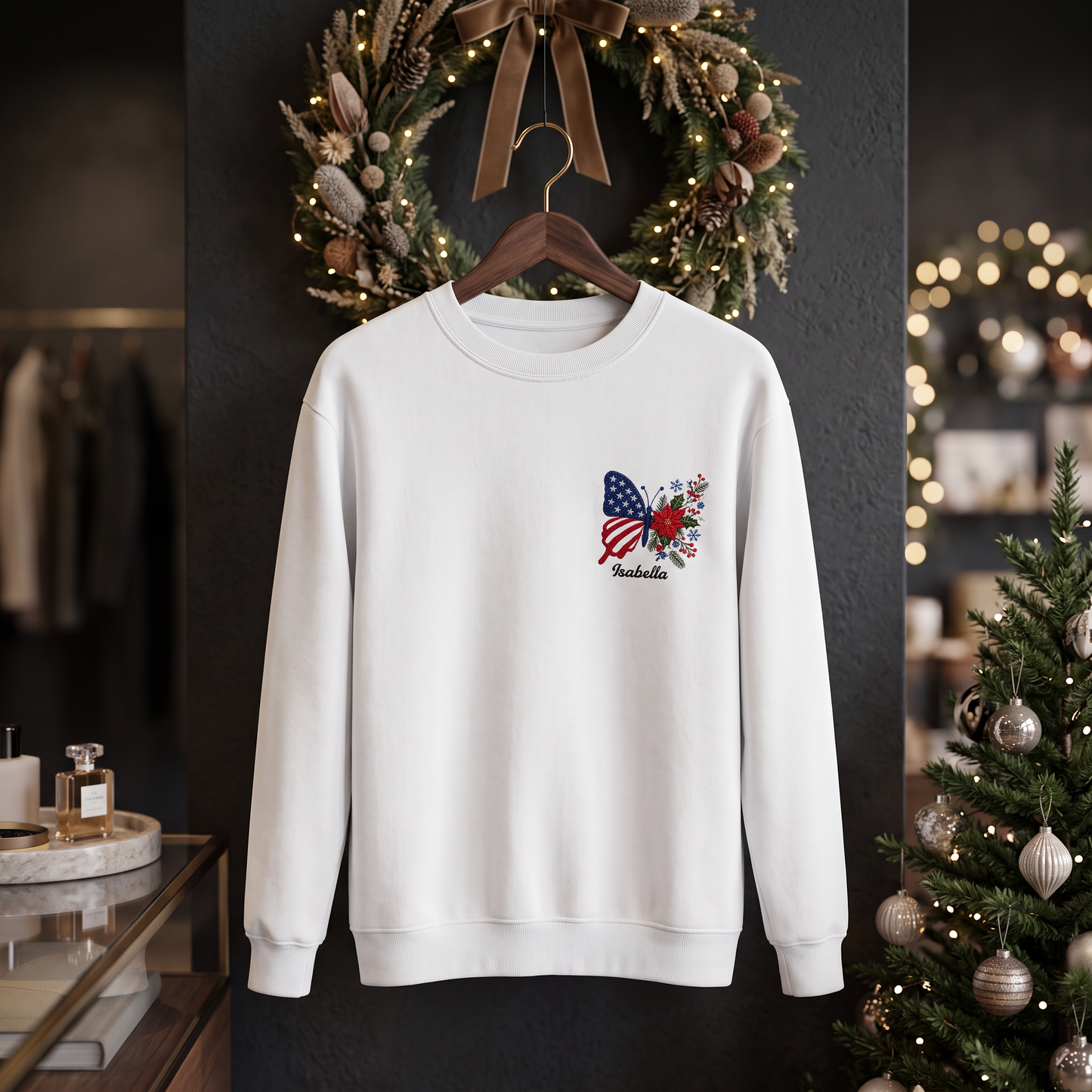 Personalized Patriotic Butterfly Embroidered Sweatshirt | Custom Name Christmas Holiday Crewneck Gift