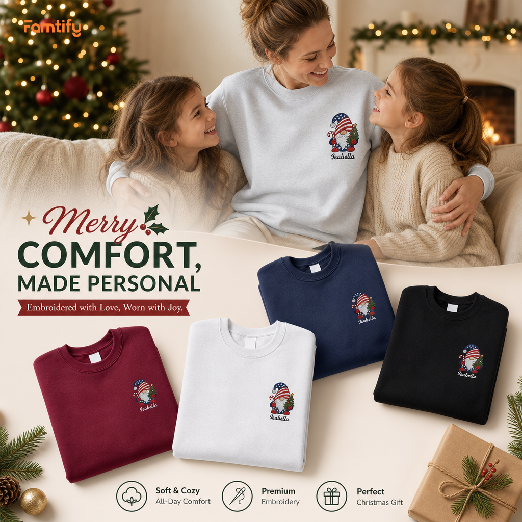 Personalized Patriotic Christmas Gnome Embroidered Sweatshirt | Custom Name Holiday Crewneck Gift