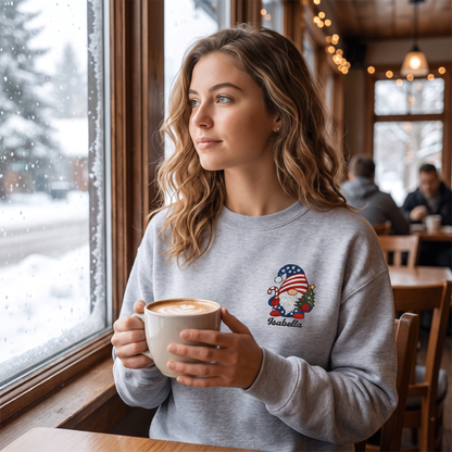 Personalized Patriotic Christmas Gnome Embroidered Sweatshirt | Custom Name Holiday Crewneck Gift