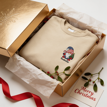 Personalized Patriotic Christmas Gnome Embroidered Sweatshirt | Custom Name Holiday Crewneck Gift