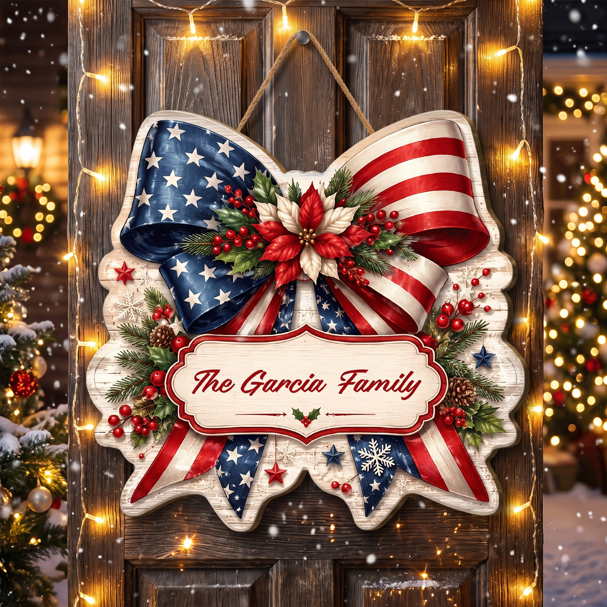 Personalized Patriotic American Flag Bow Custom Shape Wood Sign, Custom Family Name US Flag Ribbon Poinsettia Hanging Wooden Plaque, Holiday Door & Wall Decor Family Gift