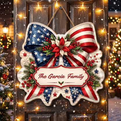 Personalized Patriotic American Flag Bow Custom Shape Wood Sign, Custom Family Name US Flag Ribbon Poinsettia Hanging Wooden Plaque, Holiday Door & Wall Decor Family Gift