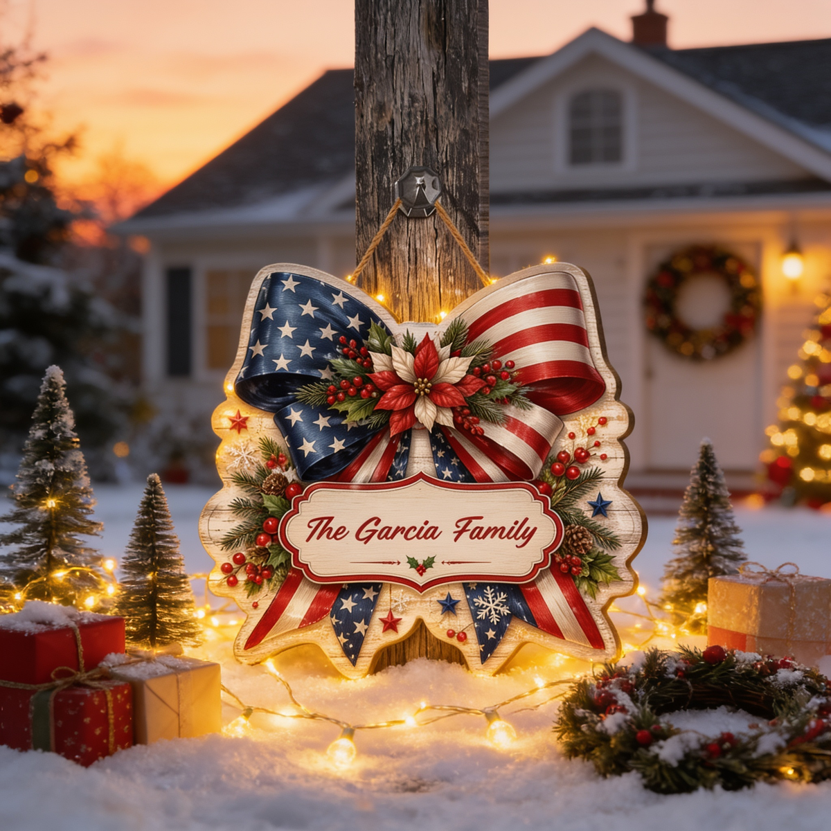 Personalized Patriotic American Flag Bow Custom Shape Wood Sign, Custom Family Name US Flag Ribbon Poinsettia Hanging Wooden Plaque, Holiday Door & Wall Decor Family Gift