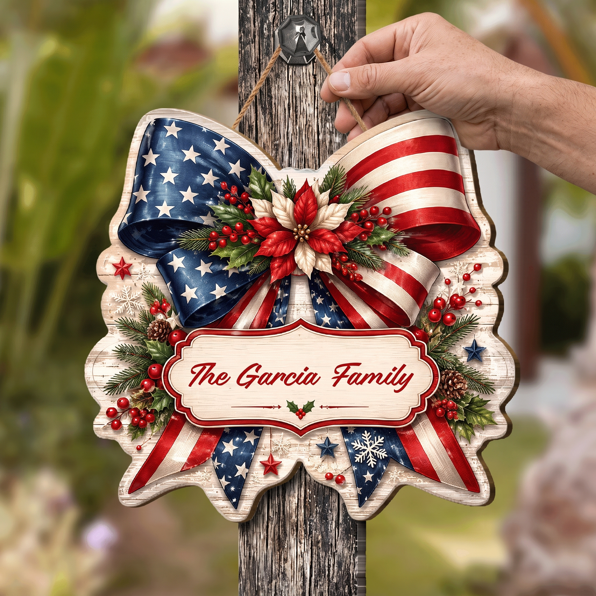 Personalized Patriotic American Flag Bow Custom Shape Wood Sign, Custom Family Name US Flag Ribbon Poinsettia Hanging Wooden Plaque, Holiday Door & Wall Decor Family Gift