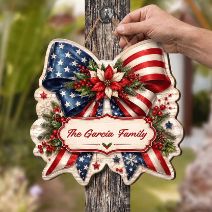 Personalized Patriotic American Flag Bow Custom Shape Wood Sign, Custom Family Name US Flag Ribbon Poinsettia Hanging Wooden Plaque, Holiday Door & Wall Decor Family Gift