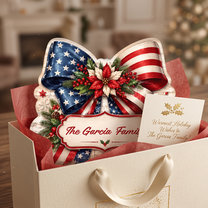 Personalized Patriotic American Flag Bow Custom Shape Wood Sign, Custom Family Name US Flag Ribbon Poinsettia Hanging Wooden Plaque, Holiday Door & Wall Decor Family Gift