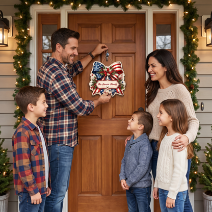 Personalized Patriotic American Flag Bow Custom Shape Wood Sign, Custom Family Name US Flag Ribbon Poinsettia Hanging Wooden Plaque, Holiday Door & Wall Decor Family Gift