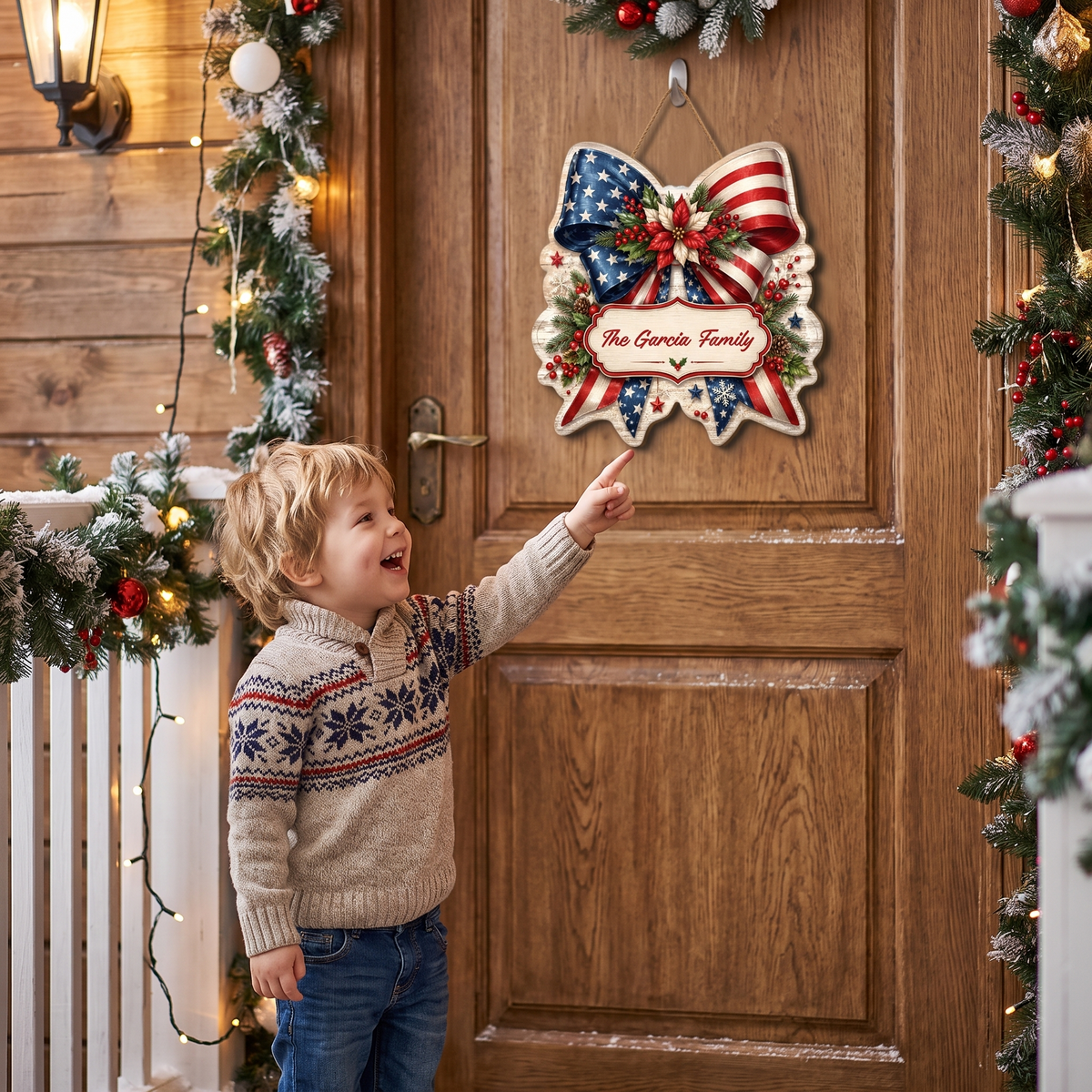 Personalized Patriotic American Flag Bow Custom Shape Wood Sign, Custom Family Name US Flag Ribbon Poinsettia Hanging Wooden Plaque, Holiday Door & Wall Decor Family Gift