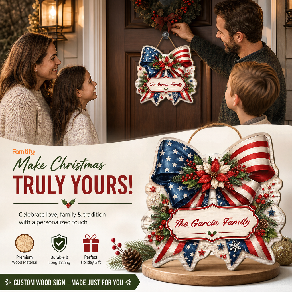 Personalized Patriotic American Flag Bow Custom Shape Wood Sign, Custom Family Name US Flag Ribbon Poinsettia Hanging Wooden Plaque, Holiday Door & Wall Decor Family Gift