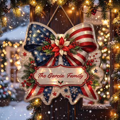 Personalized Patriotic American Flag Bow Custom Shape Wood Sign, Custom Family Name US Flag Ribbon Poinsettia Hanging Wooden Plaque, Holiday Door & Wall Decor Family Gift