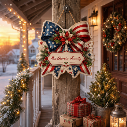 Personalized Patriotic American Flag Bow Custom Shape Wood Sign, Custom Family Name US Flag Ribbon Poinsettia Hanging Wooden Plaque, Holiday Door & Wall Decor Family Gift