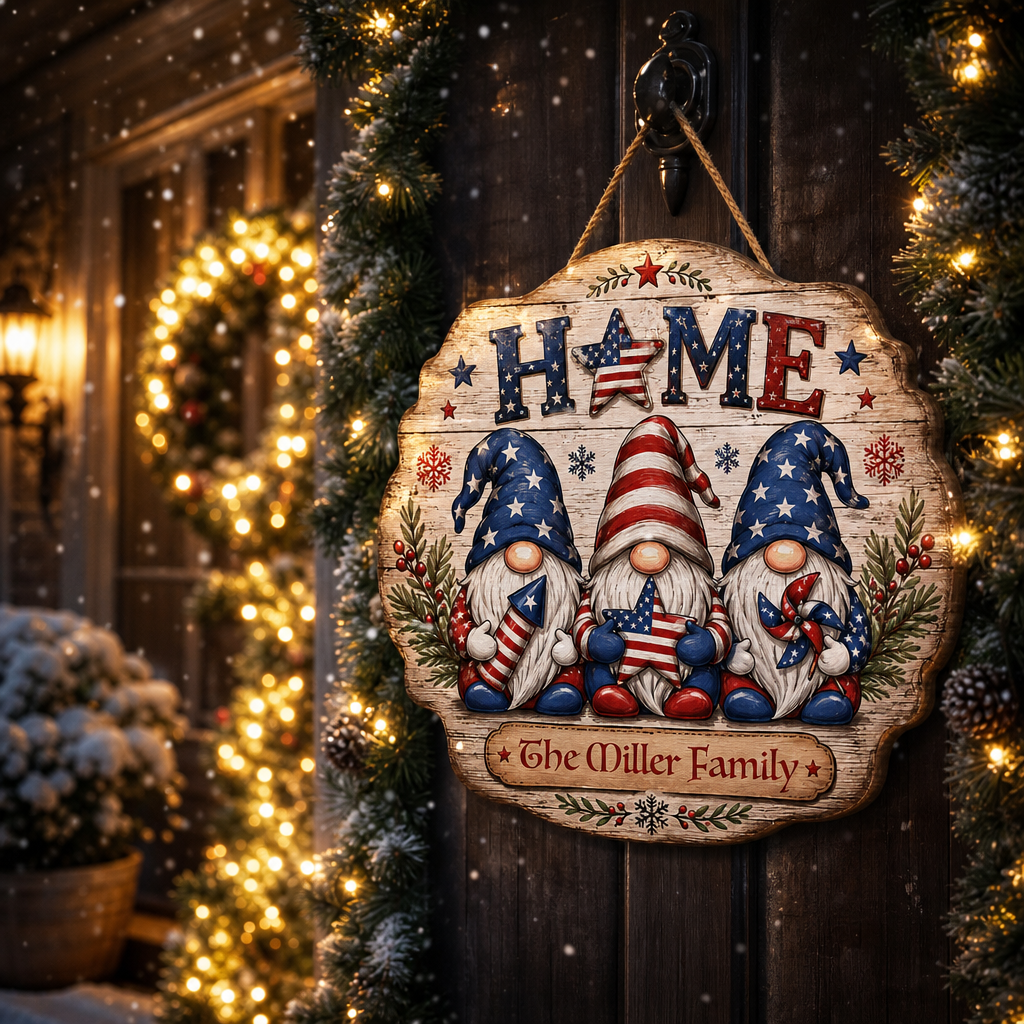 Personalized Patriotic Gnomes HOME Custom Shape Wood Sign, Custom Family Name US Flag Patriotic Gnomes Hanging Wooden Plaque, Patriotic 4th of July & Holiday Door Wall Decor Family Gift