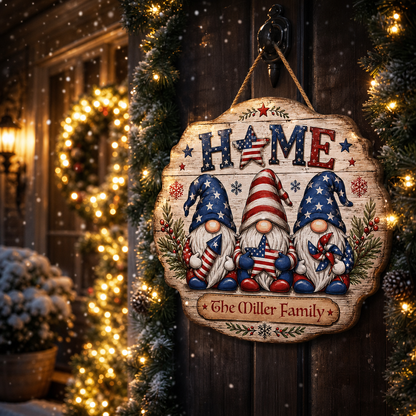 Personalized Patriotic Gnomes HOME Custom Shape Wood Sign, Custom Family Name US Flag Patriotic Gnomes Hanging Wooden Plaque, Patriotic 4th of July & Holiday Door Wall Decor Family Gift