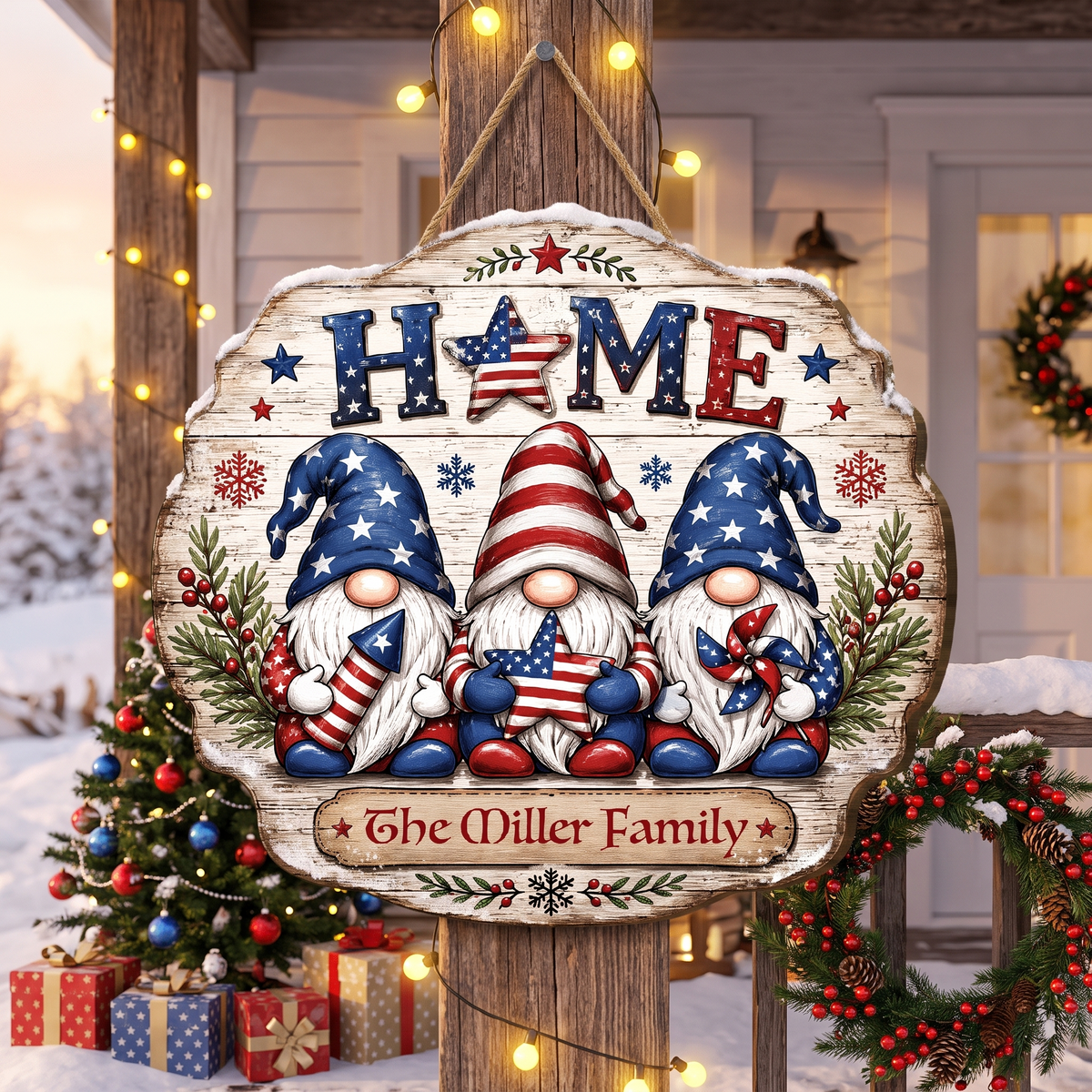 Personalized Patriotic Gnomes HOME Custom Shape Wood Sign, Custom Family Name US Flag Patriotic Gnomes Hanging Wooden Plaque, Patriotic 4th of July & Holiday Door Wall Decor Family Gift