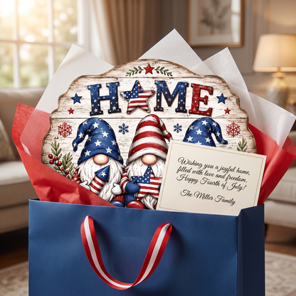 Personalized Patriotic Gnomes HOME Custom Shape Wood Sign, Custom Family Name US Flag Patriotic Gnomes Hanging Wooden Plaque, Patriotic 4th of July & Holiday Door Wall Decor Family Gift