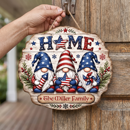 Personalized Patriotic Gnomes HOME Custom Shape Wood Sign, Custom Family Name US Flag Patriotic Gnomes Hanging Wooden Plaque, Patriotic 4th of July & Holiday Door Wall Decor Family Gift