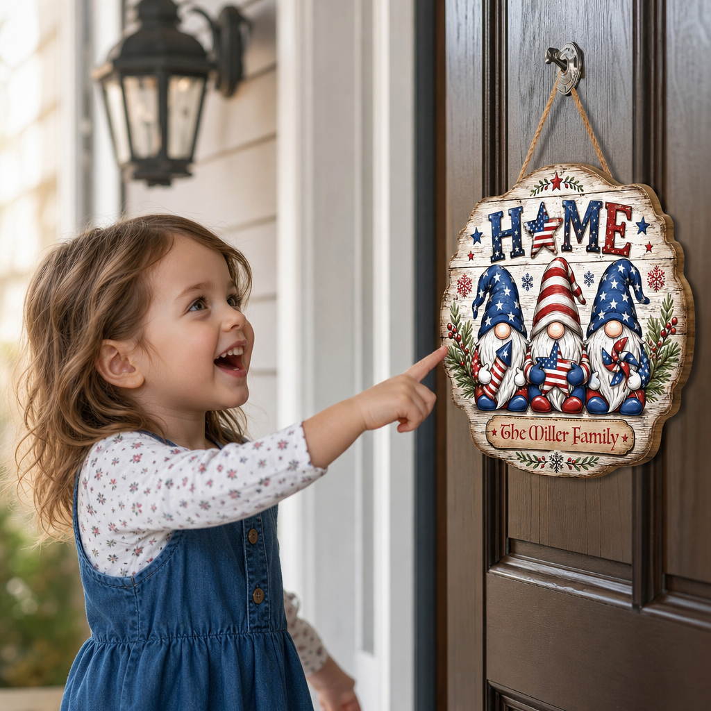 Personalized Patriotic Gnomes HOME Custom Shape Wood Sign, Custom Family Name US Flag Patriotic Gnomes Hanging Wooden Plaque, Patriotic 4th of July & Holiday Door Wall Decor Family Gift