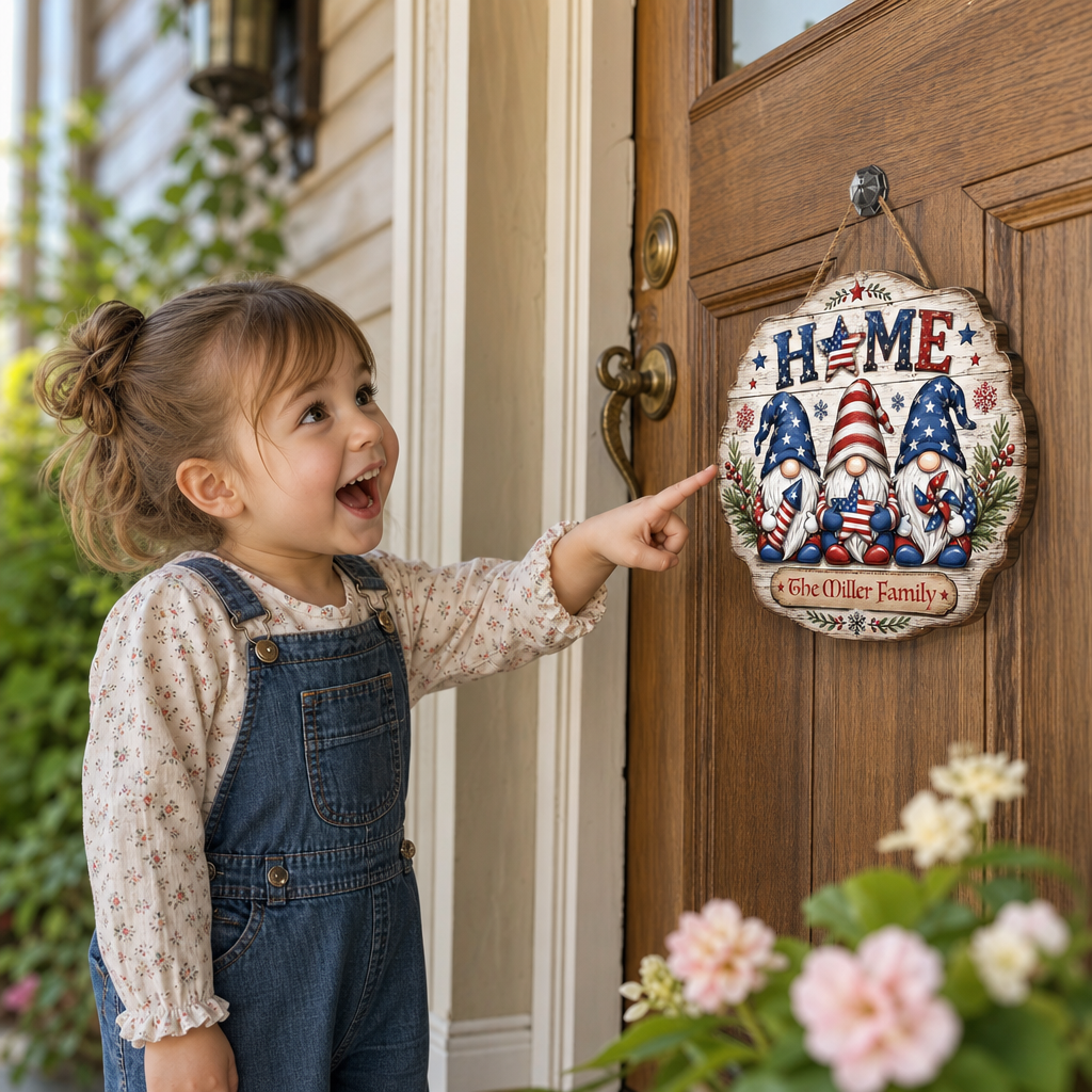 Personalized Patriotic Gnomes HOME Custom Shape Wood Sign, Custom Family Name US Flag Patriotic Gnomes Hanging Wooden Plaque, Patriotic 4th of July & Holiday Door Wall Decor Family Gift