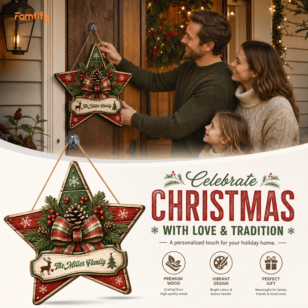 Personalized Christmas Star Pine Cone Custom Shape Wood Sign, Custom Family Name Plaque Reindeer Christmas Tree Wooden Hanging Decor, Rustic Holiday Door & Wall Decor Family Gift