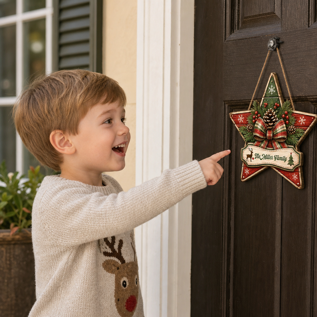 Personalized Christmas Star Pine Cone Custom Shape Wood Sign, Custom Family Name Plaque Reindeer Christmas Tree Wooden Hanging Decor, Rustic Holiday Door & Wall Decor Family Gift