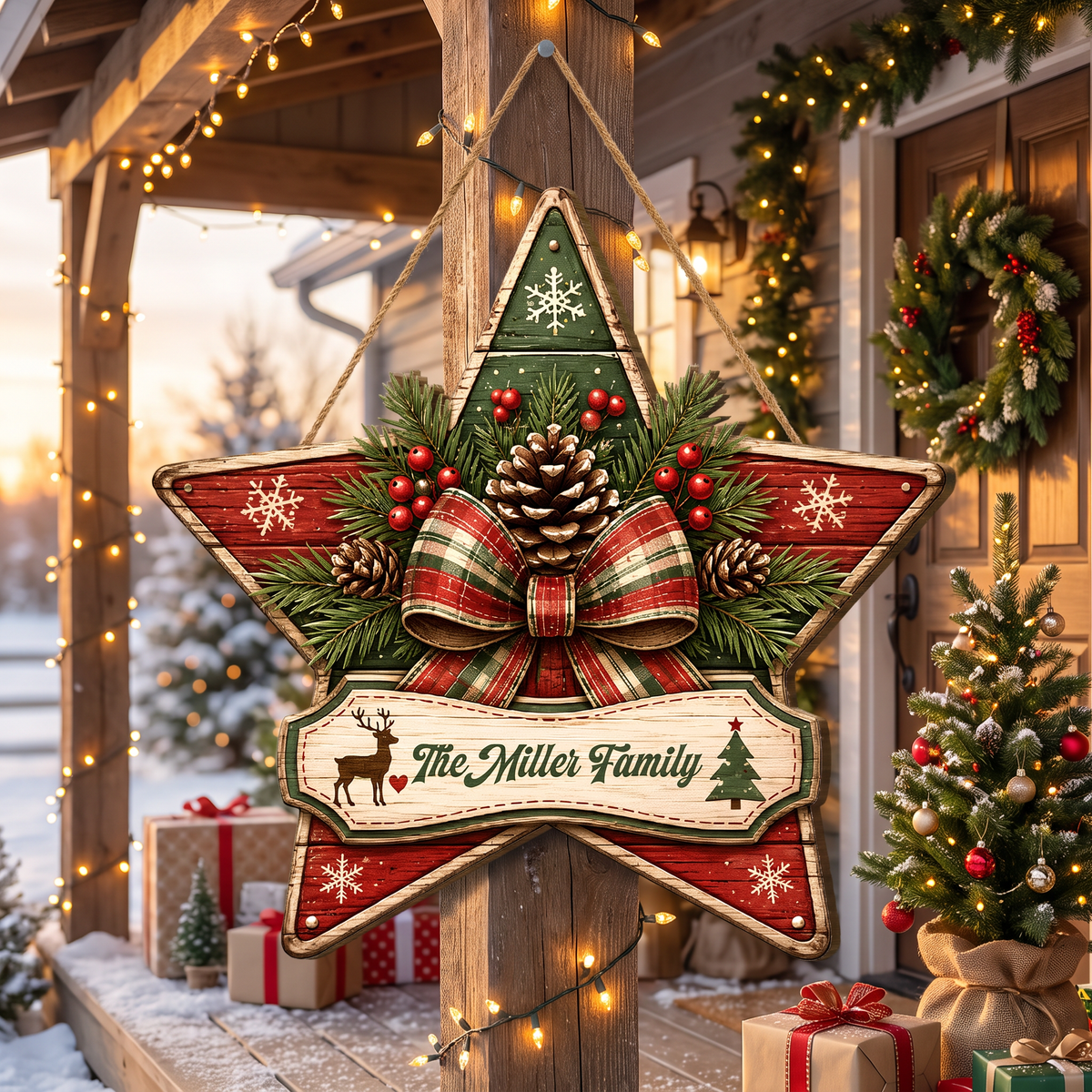 Personalized Christmas Star Pine Cone Custom Shape Wood Sign, Custom Family Name Plaque Reindeer Christmas Tree Wooden Hanging Decor, Rustic Holiday Door & Wall Decor Family Gift