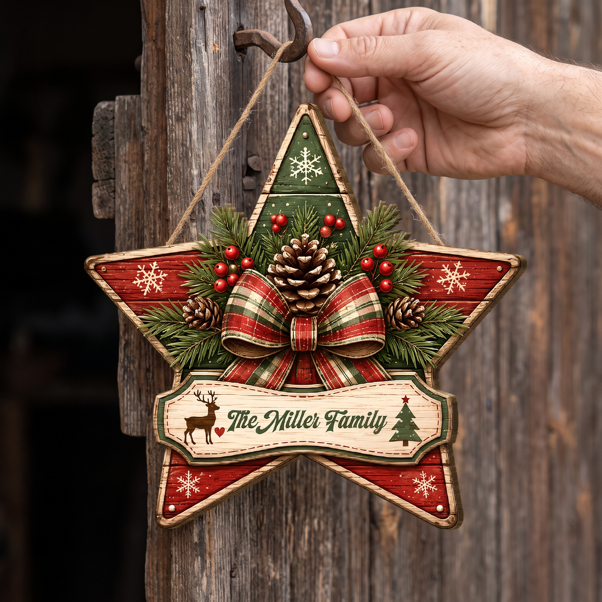 Personalized Christmas Star Pine Cone Custom Shape Wood Sign, Custom Family Name Plaque Reindeer Christmas Tree Wooden Hanging Decor, Rustic Holiday Door & Wall Decor Family Gift