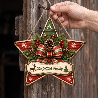 Personalized Christmas Star Pine Cone Custom Shape Wood Sign, Custom Family Name Plaque Reindeer Christmas Tree Wooden Hanging Decor, Rustic Holiday Door & Wall Decor Family Gift