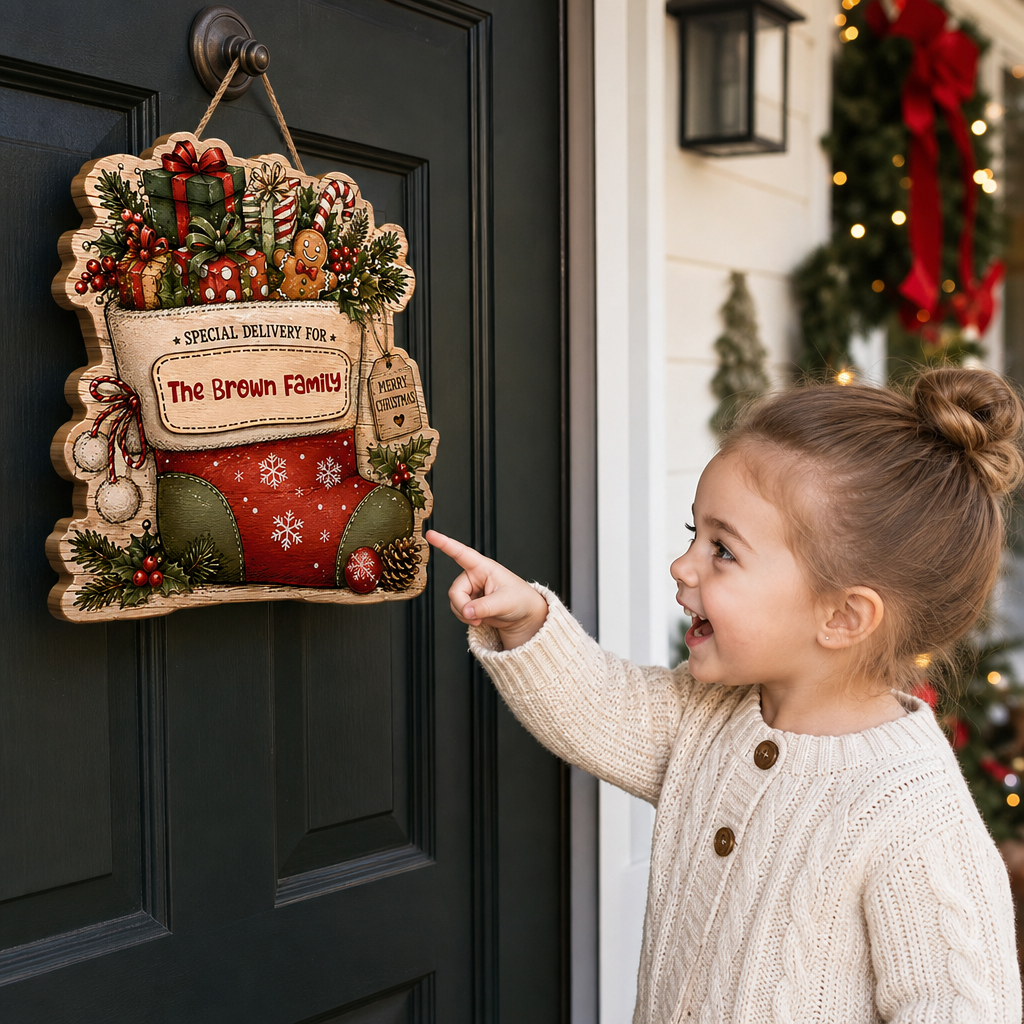 Personalized Christmas Stocking Special Delivery Custom Shape Wood Sign, Custom Family Name Present Gingerbread Candy Cane Wooden Hanging Decor, Holiday Door & Wall Decor Family Gift