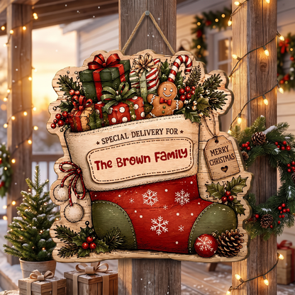 Personalized Christmas Stocking Special Delivery Custom Shape Wood Sign, Custom Family Name Present Gingerbread Candy Cane Wooden Hanging Decor, Holiday Door & Wall Decor Family Gift