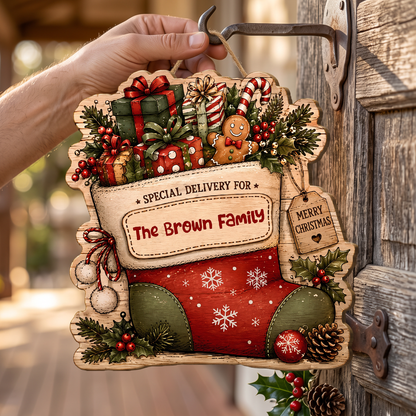 Personalized Christmas Stocking Special Delivery Custom Shape Wood Sign, Custom Family Name Present Gingerbread Candy Cane Wooden Hanging Decor, Holiday Door & Wall Decor Family Gift