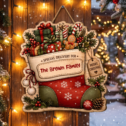 Personalized Christmas Stocking Special Delivery Custom Shape Wood Sign, Custom Family Name Present Gingerbread Candy Cane Wooden Hanging Decor, Holiday Door & Wall Decor Family Gift