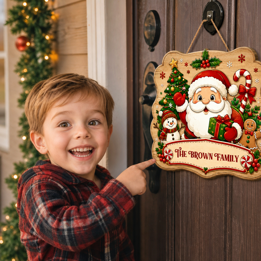 Personalized Santa Snowman Gingerbread Custom Shape Wood Sign, Cute Santa Claus Christmas Tree Candy Cane Wooden Hanging Decor, Holiday Door & Wall Decor Family Gift