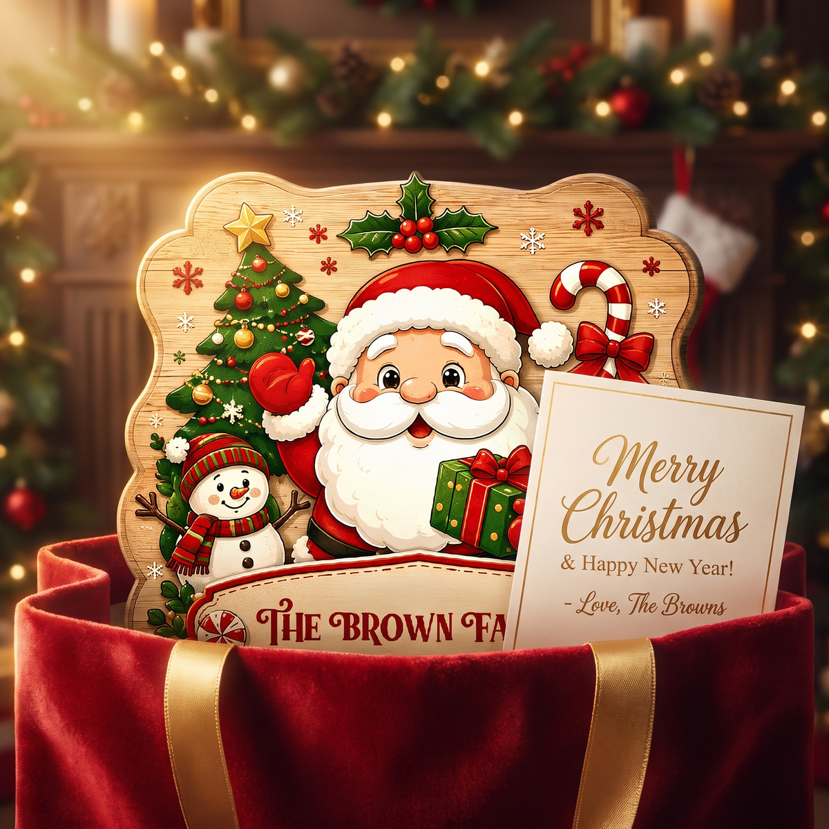 Personalized Santa Snowman Gingerbread Custom Shape Wood Sign, Cute Santa Claus Christmas Tree Candy Cane Wooden Hanging Decor, Holiday Door & Wall Decor Family Gift
