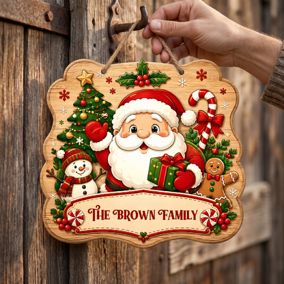 Personalized Santa Snowman Gingerbread Custom Shape Wood Sign, Cute Santa Claus Christmas Tree Candy Cane Wooden Hanging Decor, Holiday Door & Wall Decor Family Gift