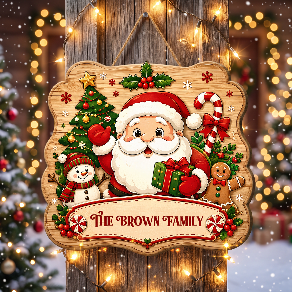 Personalized Santa Snowman Gingerbread Custom Shape Wood Sign, Cute Santa Claus Christmas Tree Candy Cane Wooden Hanging Decor, Holiday Door & Wall Decor Family Gift