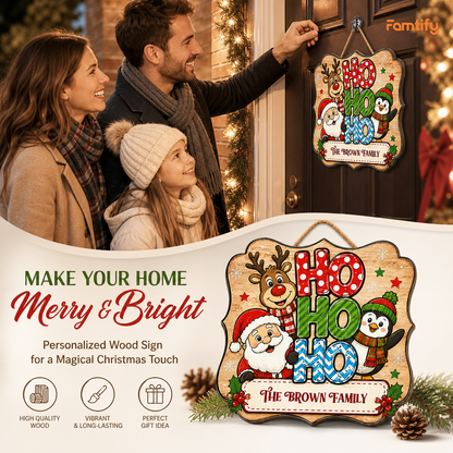Personalized Santa Reindeer Penguin HO HO HO Custom Shape Wood Sign, Custom Family Name Christmas Hanging Wooden Plaque, Cute Holiday Door & Wall Decor Family Gift