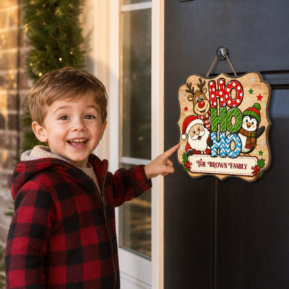 Personalized Santa Reindeer Penguin HO HO HO Custom Shape Wood Sign, Custom Family Name Christmas Hanging Wooden Plaque, Cute Holiday Door & Wall Decor Family Gift