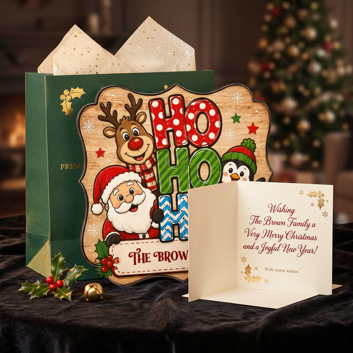 Personalized Santa Reindeer Penguin HO HO HO Custom Shape Wood Sign, Custom Family Name Christmas Hanging Wooden Plaque, Cute Holiday Door & Wall Decor Family Gift
