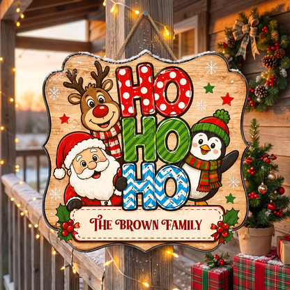 Personalized Santa Reindeer Penguin HO HO HO Custom Shape Wood Sign, Custom Family Name Christmas Hanging Wooden Plaque, Cute Holiday Door & Wall Decor Family Gift