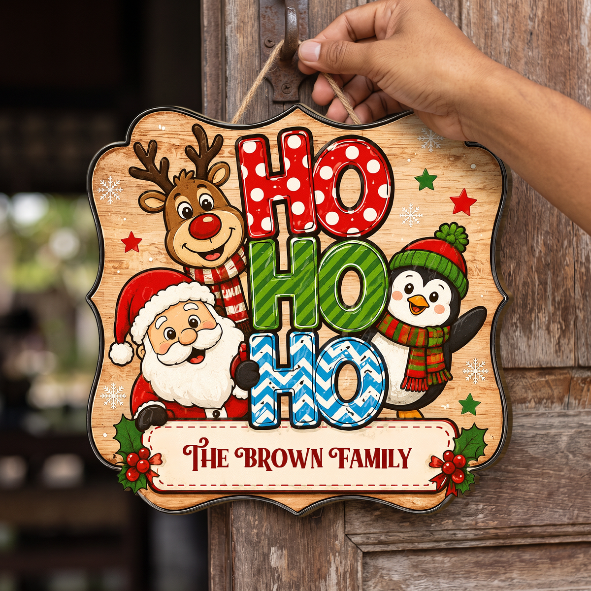 Personalized Santa Reindeer Penguin HO HO HO Custom Shape Wood Sign, Custom Family Name Christmas Hanging Wooden Plaque, Cute Holiday Door & Wall Decor Family Gift