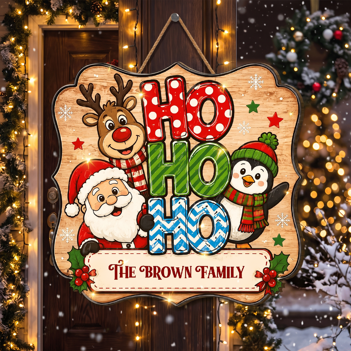 Personalized Santa Reindeer Penguin HO HO HO Custom Shape Wood Sign, Custom Family Name Christmas Hanging Wooden Plaque, Cute Holiday Door & Wall Decor Family Gift
